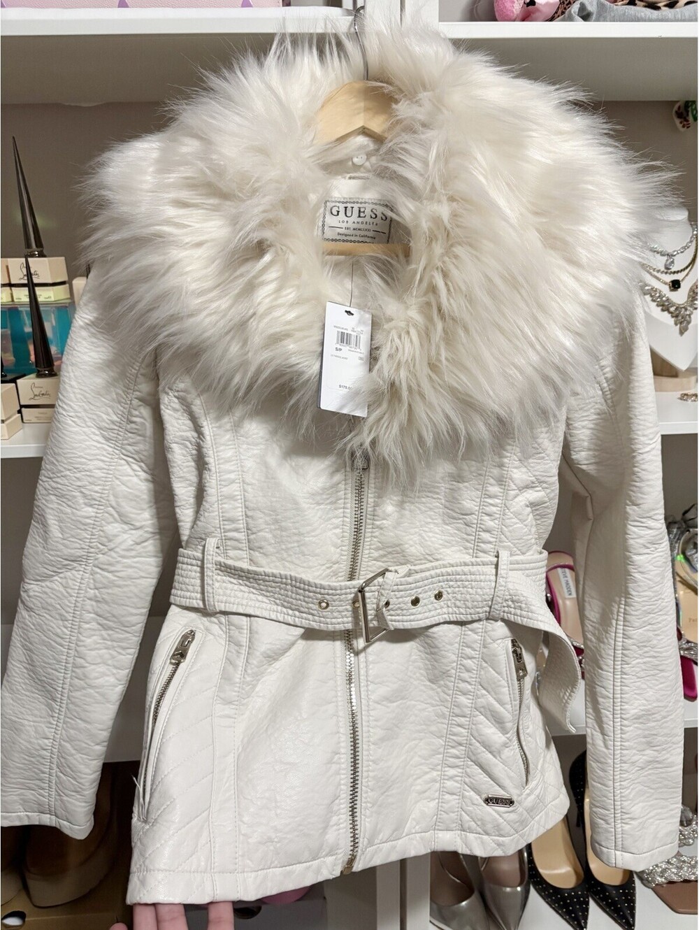 NWT $178 Guess Leather Jacket Coat Fur Collar Ivory Size Small S